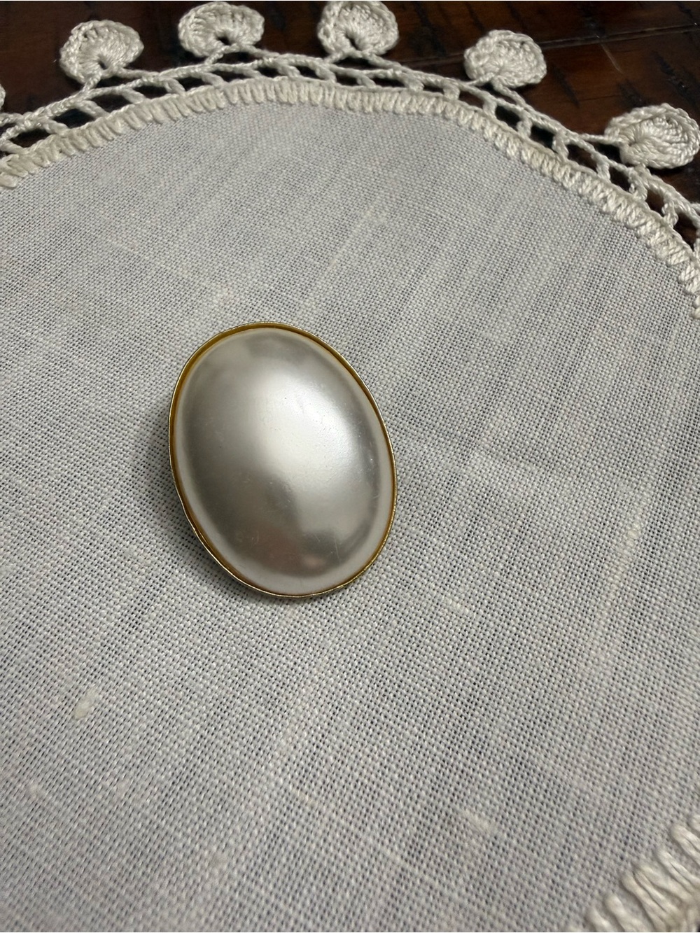 Vintage Oval Faux Pearl Brooch with Gold Trim